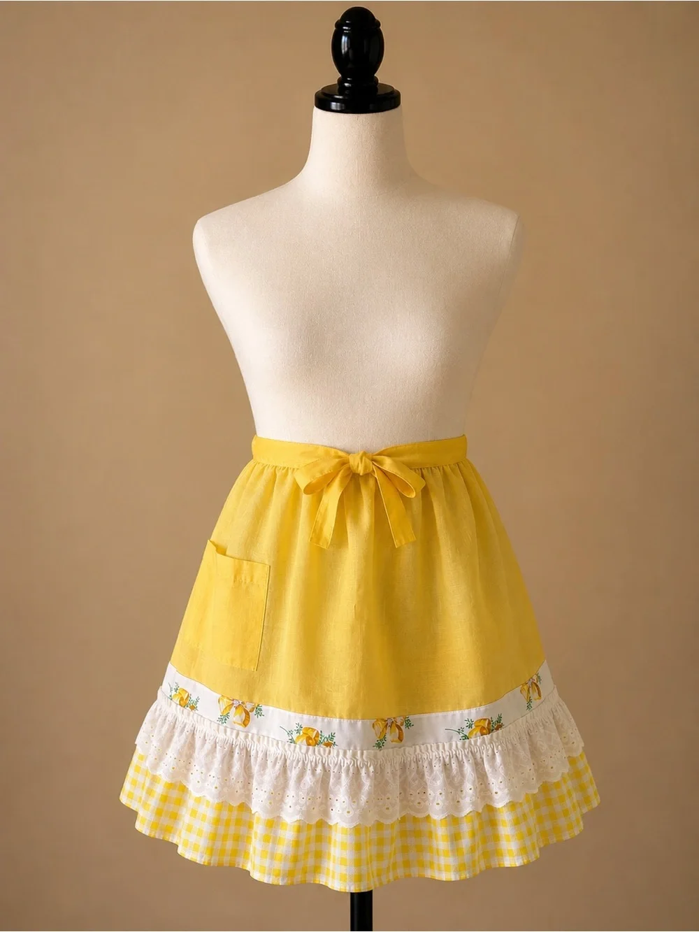 Vintage Yellow Gingham Half Apron Floral Eyelet Lace Ruffle